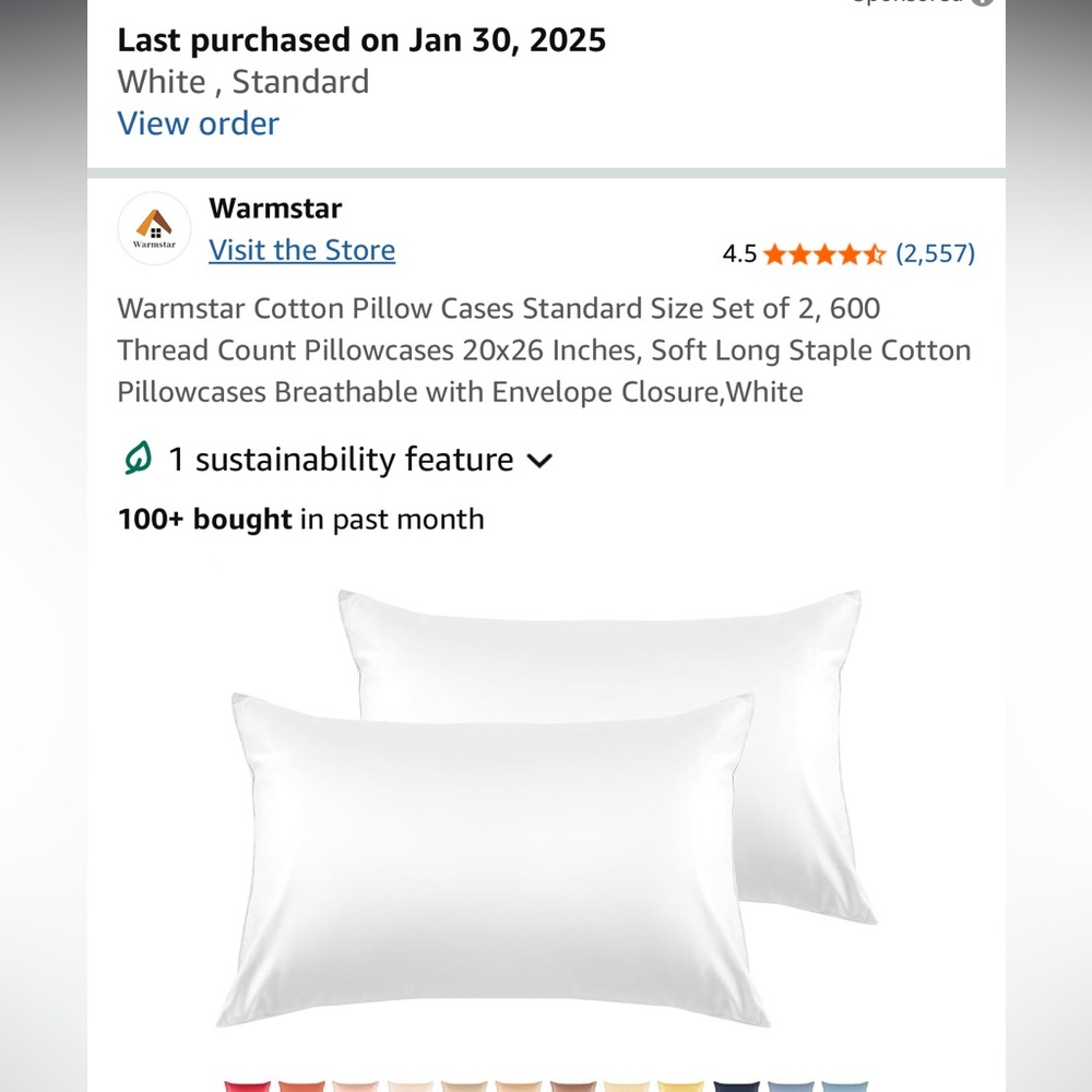 NWOT White 100% Cotton 600 Thread Count Standard Size Pillowcases - Set of 2